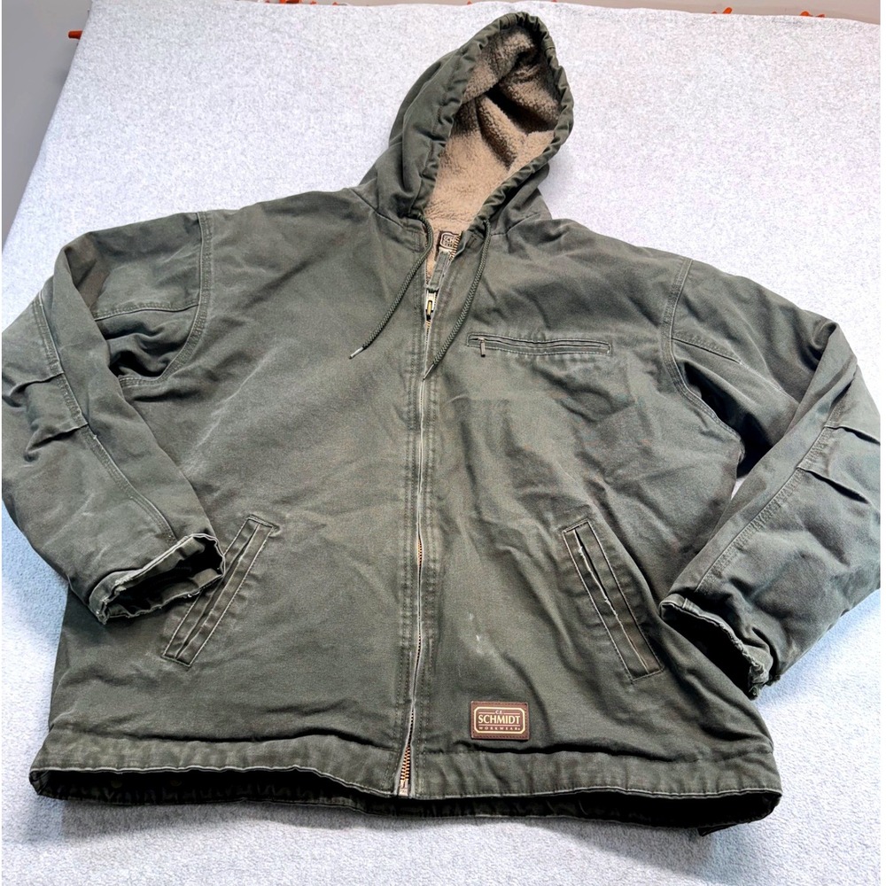 CE Schmidt Workwear Mens XL Olive Canvas Sherpa Lined Hooded Jacket Distressed